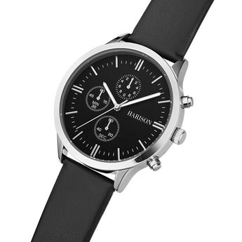 Harison Ezra GH025-SBB 40mm Black Leather Watch with Imitation Sub Dials