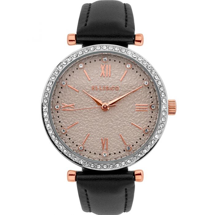 Ellis & Co Emily Crystal Set Black Leather Womens Watch With Rose Gold Tones