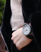 Load image into Gallery viewer, Ellis &amp; Co Emily Crystal Set Black Leather Womens Watch With Rose Gold Tones