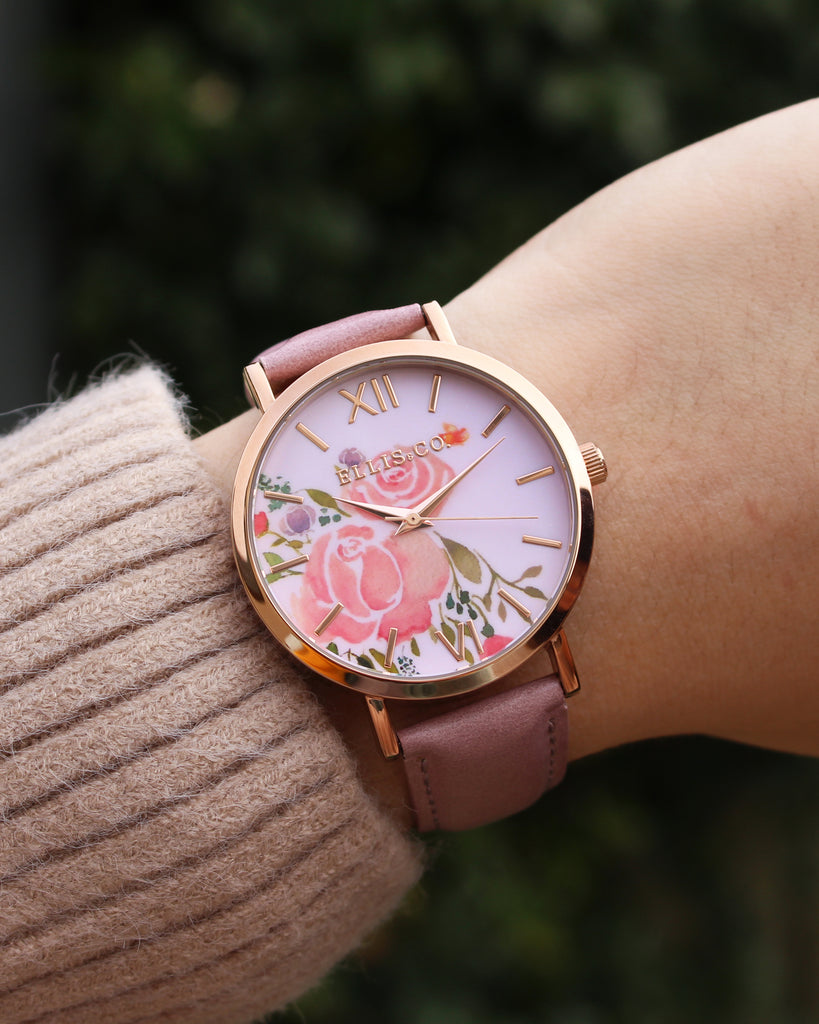 Ellis & Co Holly Floral Dial Rose Leather Band
