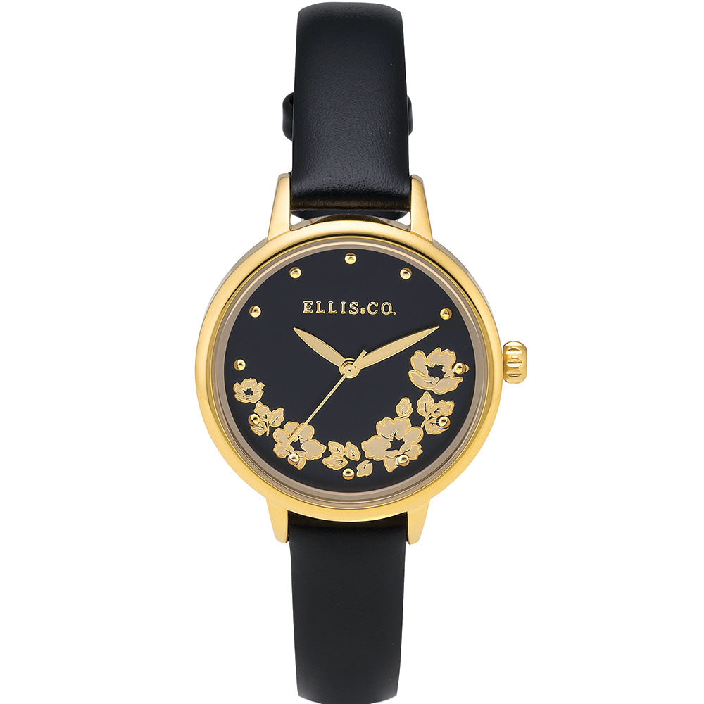 Ellis & Co Rosy Floral Black Leather Womens Watch